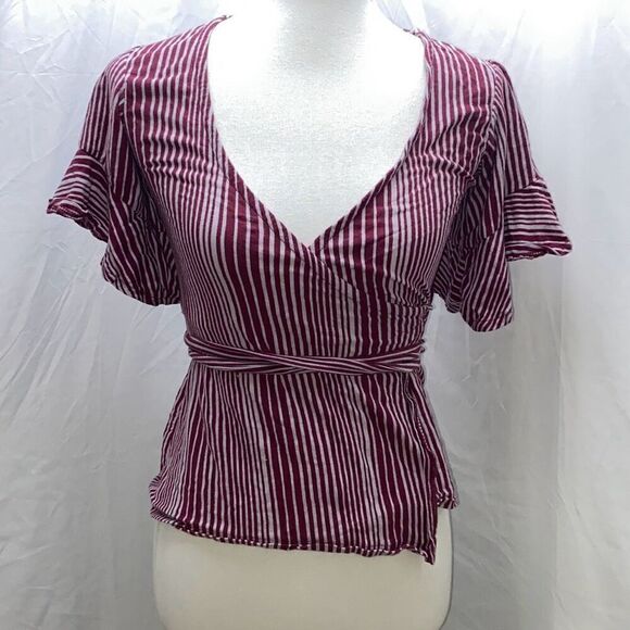 Free People Wrapped Around My Finger red wine/white stripe wrap shirt top XS - Picture 3 of 12